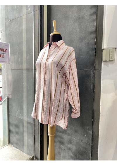 Pera Moda Oversize Çizgili Uzun Kadın Gömleği Pembe