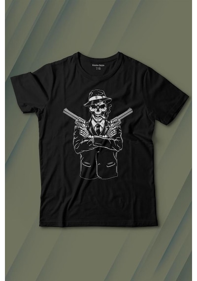Kendim Seçtim Skeleton Gangster Revolvers Suit Tabanca Baskılı Tişört Çocuk T-shirt 001