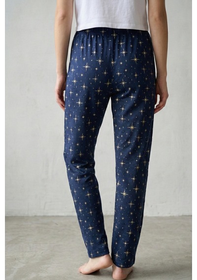 Elemge %100 Pamuk Desenli Kadın Pijama Altı Interlok Kumaş Rahat Kalıp İndigo Cepsiz Kurdele Yıldız Baskı