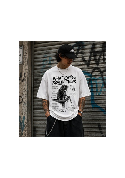 Qmen Style Unisex Beyaz Oversize Baskılı T-shirt Uzman Kedi Dolar %100 Pamuk