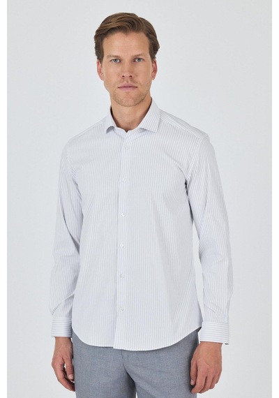 İmza Uzun Kol Çizgili Desen Bez Ayağı Sert Yaka Cepsiz Esnek Classic Slim Fit Gömlek 1004250159 Beyaz