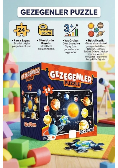 24 Parça Uzay Temalı 50x70cm Gezegenler Puzzle Eğitici Ve Eğlenceli Çocuk Yapboz 1