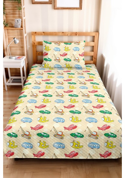 Evimde Bambaşka Ulaşım Temalı Sarı Erkek Çocuk Pike Takımı - Çizgi Araçlı Krem Bebek Odası Yatak Örtüsü - 160x220  CM