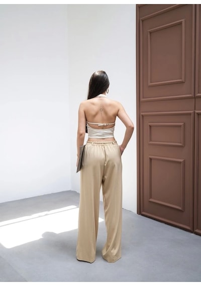 Defymoda Beli Lasti K Ve Bağcikli Geni Ş Paça Pantolon Bej