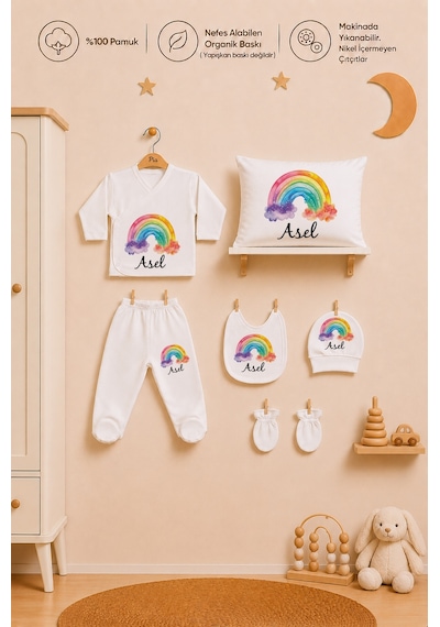 Pia Baby İsme Özel Kız Bebek %100 Pamuk Zıbın Şapka Önlük Eldiven Ve Yastık Kılıfı Hediyelik Set 1019yz3x Ekru