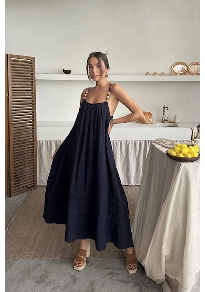 Defymoda Lacivert Askılı Müslin Elbise Lacivert