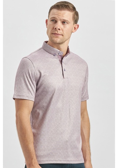 Lila Desenli Merserize Düğmeli Yaka Garnili Pamuklu Casual Slim Fit Dar Kesim Tişört 1011240164 Lila