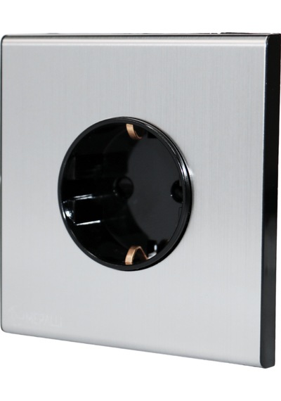 MERALLI INOX topraklı güç prizi, hakiki fırçalanmış paslanmaz çelik, çerçevesiz 86×86 Modüler  kasa dahil