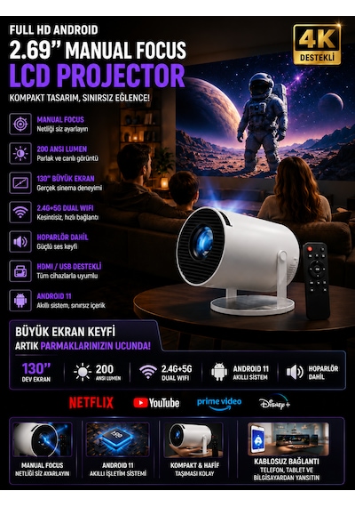 Android Wifi 4k Uhd Projektör 2.69 İnç Lcd 2.4g+5g Projeksiyon Kumandalı Ev Sinema Sistemi