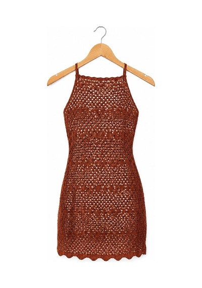 Neden Tekstil Ajurlu Sırt Dekolteli Transparan Beachwear - Mini Plaj Elbisesi - Camel