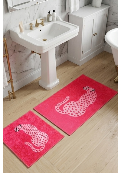 Pinoleo 2'li Banyo Paspası,kaymaz Tabanlı,yıkanabilir 60x100 50x60 Cm Pembe Color