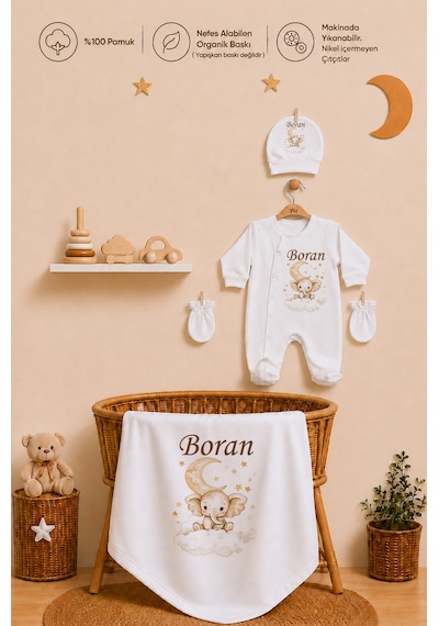 Pia Baby İsme Özel Erkek Bebek Hastane Çıkışı 4 Lü Set %100 Pamuk Organik Baskılı Battaniyeli Tulum Seti 1035bt0x Krem