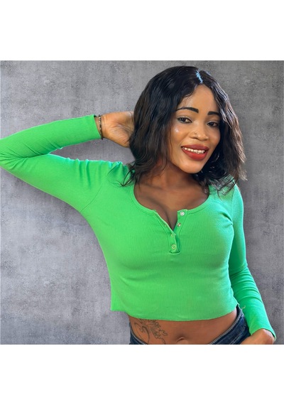 İbeeka Yeni Sezon Havuz Yaka Kesim Çıtçıt Yakalı Pamuk Kaşkorse Crop Body / Bluz Yeşil Renk Yeşil