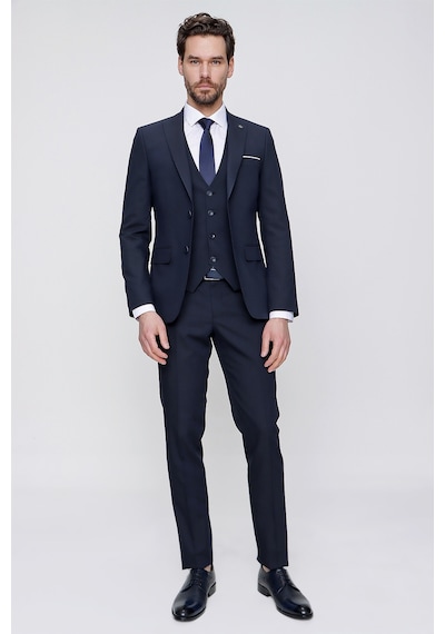 Morven Lacivert Yelekli Jakarlı Slim Fit Dar Kesim 6 Drop Erkek Takım Elbise Lacivert