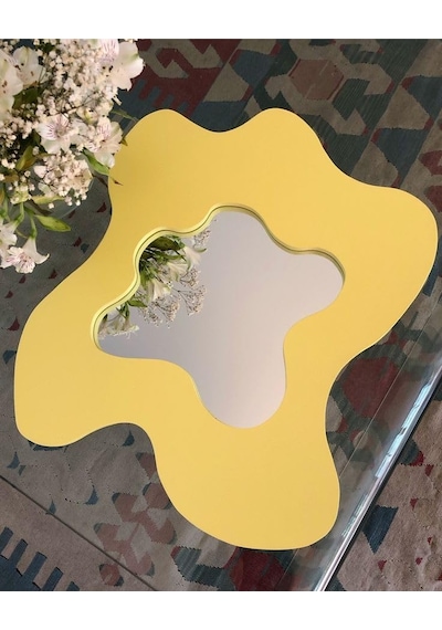 Modern Dekoratif Dalga Desenli Duvar Aynası, Sarı Çerçeveli, Çağdaş Tasarım Genel