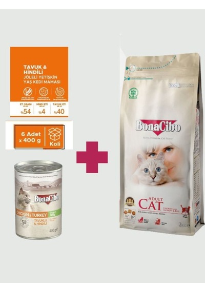Bonacibo Yetişkin Kedi Maması Seti 2 Kg Tavuklu Kuru + 6x400 Gr Tavuk & Hindi Konserve