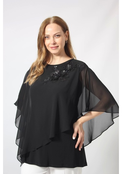 Moda Berray 5040 Pul Payet Aplikli Şifon Kombin Büyük Beden Şık Bluz Siyah