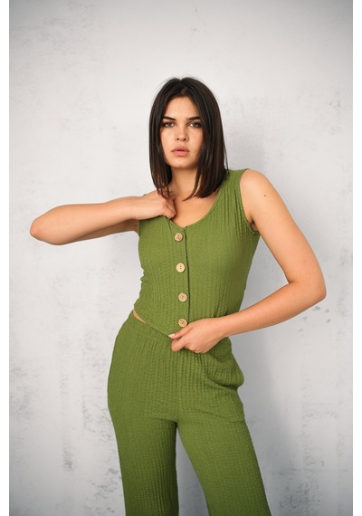 Gugus Kadın Gofre Yelekli Alt/üst Takım Wide Lege Yüksek Bel Geniş Paça Model Haki