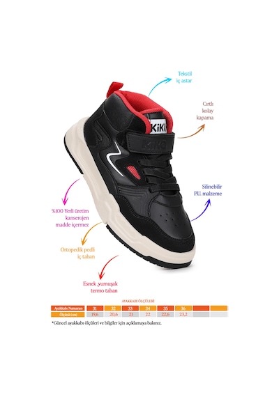 Kiko Kids Hayka-3 Cırtlı Erkek Çocuk Spor Ayakkabı Siyah - Kırmızı Siyah - Kırmızı