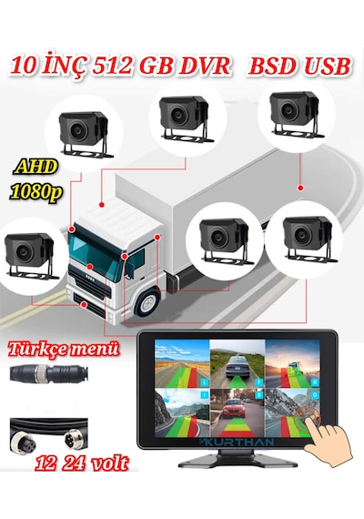 6 Ch 10 İnç Dokunmatik 1080p 6 Kameralı 4k Ultra Hd 512 Gb Dvr-usb-bsd Monitör Seti 12 - 24 Volt