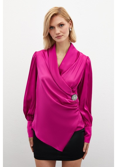 Sateen Broşlu Kruvaze Bluz - Fuşya