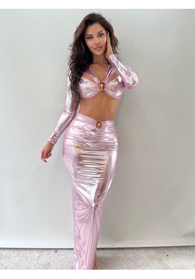 Pink Life Pembe Tokalı Parlak Lame Kumaş Midi Boy İkili Pembe