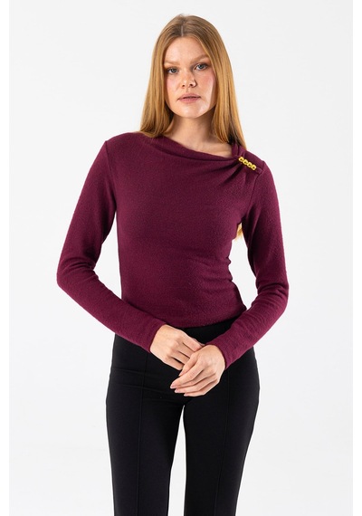 Giysa Kadın Asimetrik Yaka Omuz Aksesuar Detaylı Body Bordo - 26100 Bordo