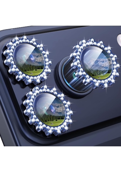 Apple Uyumlu iPhone 17 Pro Max & Apple Uyumlu iPhone 17 Pro - Taşlı Dişli Kamera Koruma Lens Koruyucu Temperli Cam 3'lü Lacivert