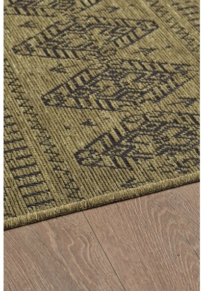 Bohem Tarz Dekoratif Pamuk Taban Şönil Kilim Yeşil Renk Halı