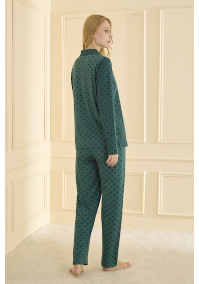 Mihra Kadın Pijama Takımı Uzun Kol Önden Düğmeli Mevsimlik Yeşil