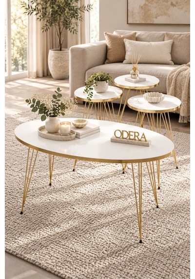 Odera Beyaz Oval Orta Sehpa Ve Yuvarlak Zigon Sehpa 4'lü Set Metal Ayaklı Retro Modern Salon Sehpası Beyaz - Altın