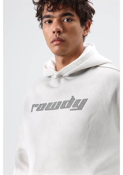 Vamos Oversize Baskılı Yıkamalı Hoodie Ekru