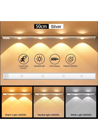 Beyaz Renk 4 Led 50 Cm Hareket Sensörlü Led Işık Tezgah Altı Ofis Ev Led Lamba Çok Renkli
