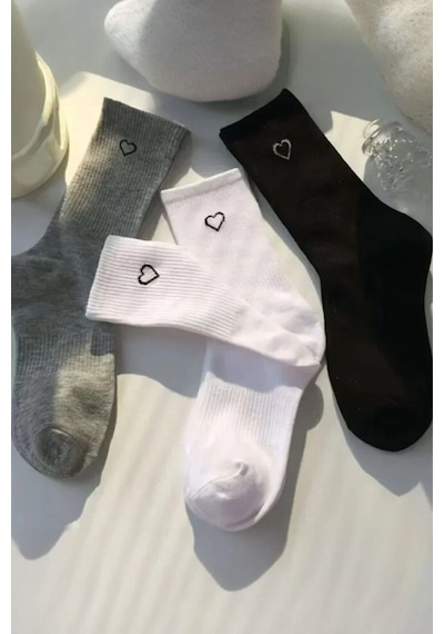 Hitit Socks Kadın 6 Çift Premium Kalite Kalp Detaylı Tenis Çorap Siyah Beyaz Gri ASORTİ