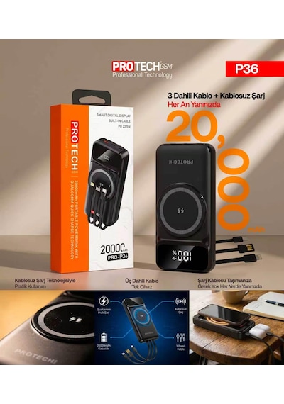 P36 20000 Mah Kablosuz Şarj Özellikli Powerbank Siyah