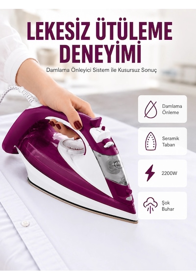 Yeni Nesil Kırmızı Buharlı Ütü 2200 Watt Seramik Tabanlı Yüksek Buhar Gücü Yeni Nesil