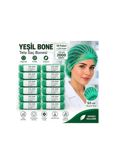 Saç Bonesi Yeşil - 2000 Adet 10 Paket X 200 Adet Tela - 52 Cm Büyük Boy Hijyenik Kullanım