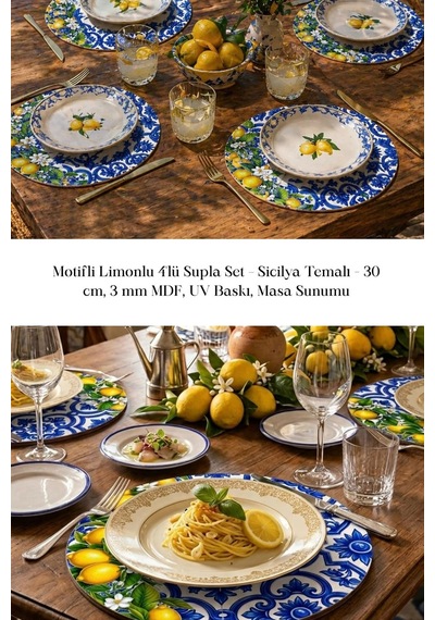 Motifli Limonlu 4lü Supla Set 30 Cm Mdf Uv Baskı Çok Renkli