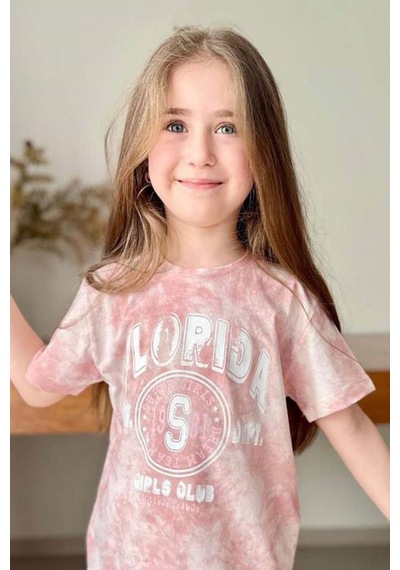 Riccotarz Kız Çocuk Florida Yazı Baskılı Penye T-shirt Pudra Şortlu Takım Pudra