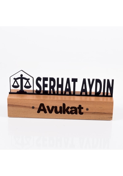 Avukatlara Özel Masif Kayın Ahşap Masaüstü İsimlik Standı Siyah Akrilik Masa İsimliği