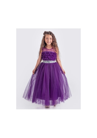 Mnk Baby & Kids Sapes Model Sırt Gipeli Tüllü Kız Çocuk Askılı Saten Abiye Mnk0618 Mor