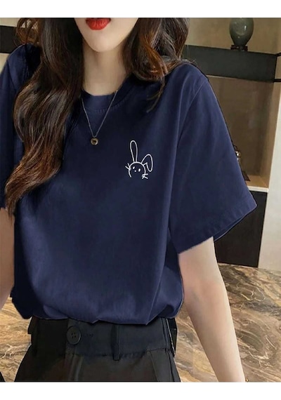 Kozia Outdoors Malkoçbey Küçük Tavşan Detaylı Basic Oversize Unisex T-şhirt Lacivert Lacivert