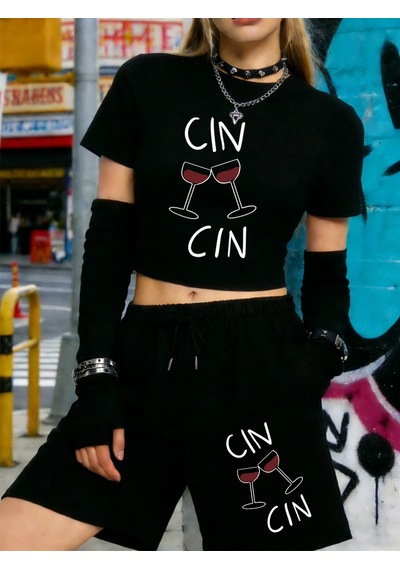 Tarzsokak Yazlık Cin Cin Cheers Baskılı Babby Teet-shirt Şort Kadın Seksi İki Parçalı Set Diz Boyu Pantolon Siyah