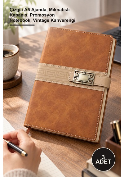 3 Adet Tarihsiz Termo Deri Defter Çizgili A5 Ajanda, Mıknatıslı Kapanış, Promosyon Notebook, Vintage Kahverengi Altın