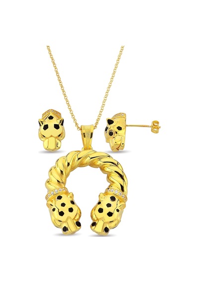 18k Altın Kaplamalı 925 Ayar Gümüş Tasarım Panter Set - 67021802 Altın