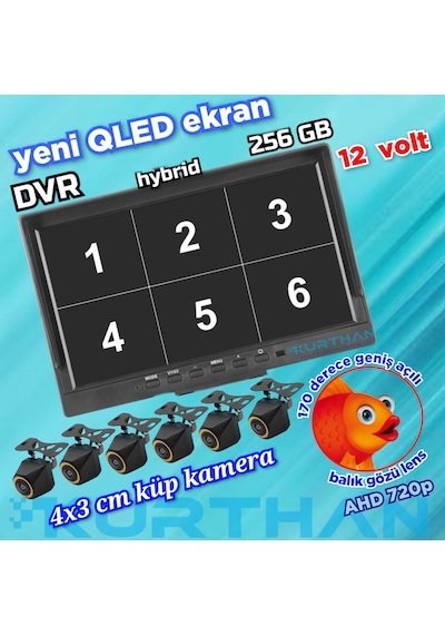 4x3 Cm. Küp Ahd 720p 170 Derece Balık Gözü Lens Kamera Qled Ekran 10'' Dvr Monitör 12 V 256 Gb