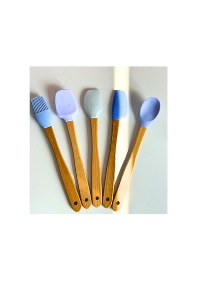 Mutfak Bambu Silikon Isıya Dayanıklı Kaşık Kepçe Takımı 5 Li Set Spatula & Fırça Mavi 0
