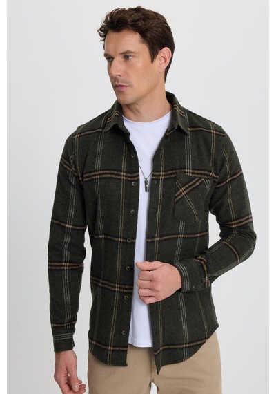 Tudors Erkek Slim Fit Dar Kesim Kareli Cepli Haki Oduncu Gömlek-41792 Çok Renkli