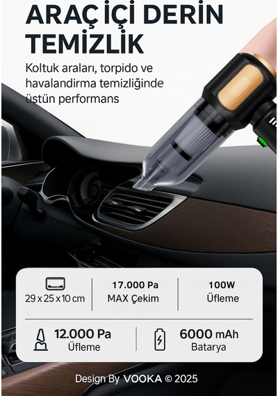 Vooka Araç İçi Süpürge & Üfleme 17.000 Pa Güçlü Çekim 12.000 Pa Üfleme 3 Kademeli,6000 Mah Batarya