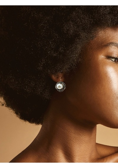 Black Diamond İ Taşlı Inci Sallantılı Küpe Gri